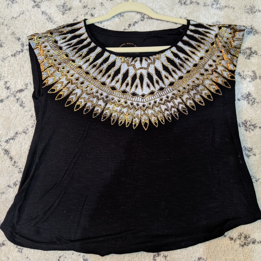 Lucky Brand Tribal Gold Black Boho Shirt
